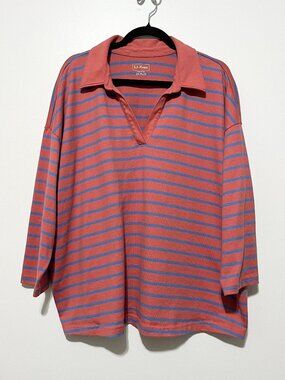 LL Bean Womens Heritage Mariner Polo Top 2X Coral Stripe Coastal 100% Cotton